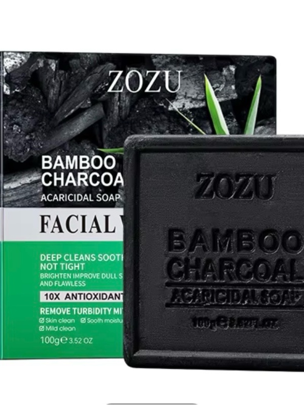 Zozu Bamboo Charcoal Facial Bar Soap, 10x antioxidant, NEW NIB